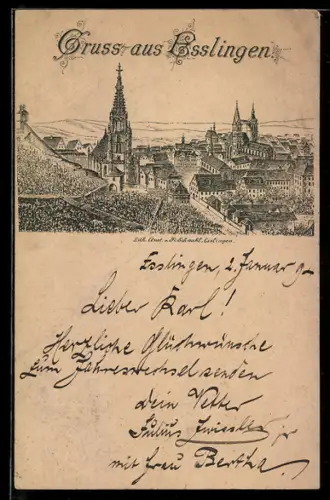 Vorläufer-Lithographie Esslingen, 1894, Ortspanorama mit Kirchen