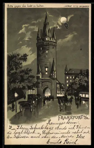 Mondschein-Lithographie Frankfurt a. M., Stadttor bei Nacht, Leuchtende Fenster, Halt gegen das Licht