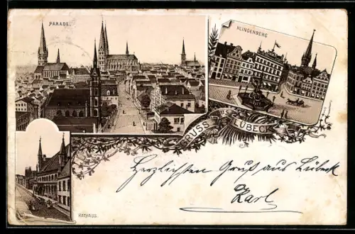 Lithographie Lübeck, Klingenberg, Parade und Rathaus
