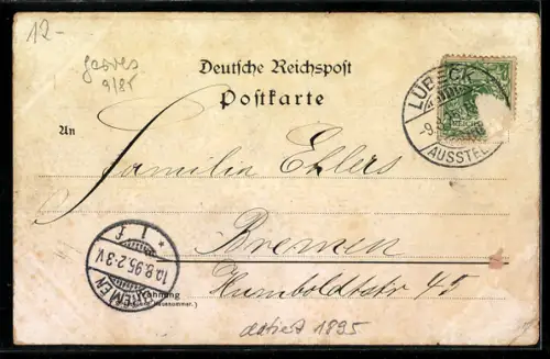 Lithographie Lübeck, Klingenberg, Parade und Rathaus