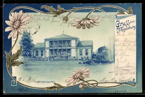 Passepartout-Lithographie Magdeburg, Gasthaus Wilhelmsgarten, Gebäudeansicht mit Gästen, Margeriten-Girlande