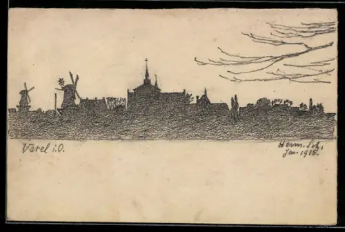 AK Varel i. O., Silhouette der Ortschaft mit Windmühle 1915