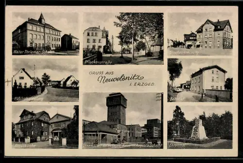 AK Neuoelsnitz i. Erzgeb., Gewerkschaft Gottes Segen, Blick in die Pflockenstrasse, Ehrenmal, Kreuzkirche, Bahnhof