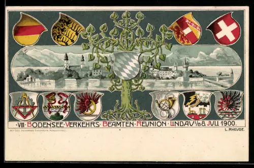 Passepartout-Lithographie Lindau i. B., VIII Bodensee Verkehrs-Beamten-Reunion 1900, Wappen