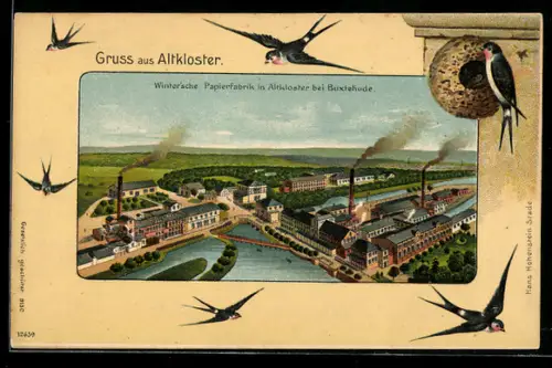 Passepartout-Lithographie Altkloster bei Buxtehude, Winter`sche Papierfrabrik aus der Vogelschau