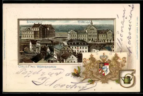 Passepartout-Lithographie Wörishofen, Kneippianum und Kinderasyl, Stadtwappen
