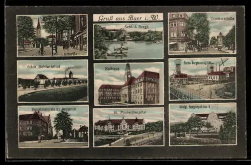 AK Buer i. W., Königl. Berginspektion 3, Westerholterstrasse mit Amtsgericht, St. Marienhospital, Schloss Berge