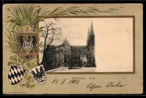 Passepartout-Lithographie Stendal, Blick auf den Dom, Wappen