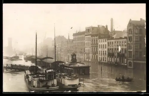 Foto-AK Köln, Hochwasser-Katastrophe Dezember 1929, Anlegestelle der Köln-Düsseldorfer Dampfschiffahrt