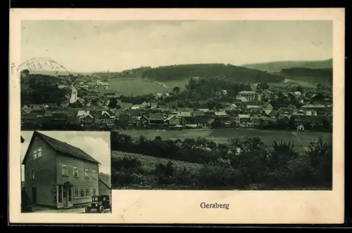 AK Geraberg, Ortsansicht vom Berghang aus, Warenhandlung