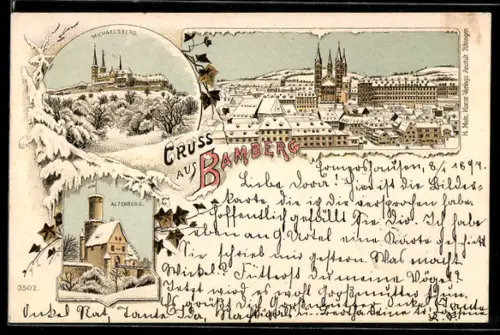 Winter-Lithographie Bamberg, Altenburg, Michaelsberg, Ortsansicht aus der Vogelschau