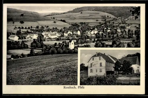 AK Rossbach /Pfalz, Gasthaus Stephan Meisenheimer, Ortsansicht vom Berghang aus