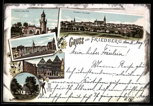 Lithographie Friedberg / Hessen, Kaiserstrasse, Kapelle, Eingang zur Burg, Ortsansicht von Osten