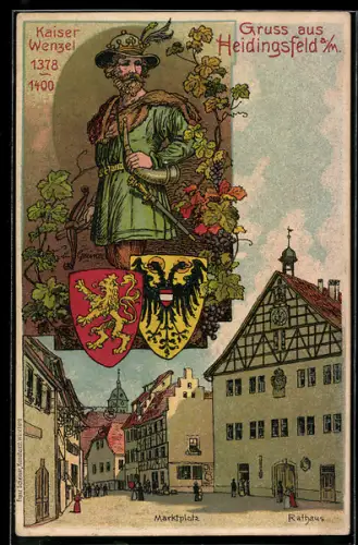 AK Heidingsfeld a. M., Partie am Marktplatz mit Rathaus, Portrait Kaiser Wenzel