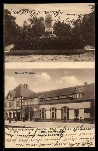 AK Weetzen, Blick auf den Bahnhof, Kriegerdenkmal