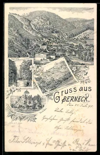 Lithographie Berneck, Totalansicht, Jägersteg, Colonnade mit Ruine, Ruine Stein