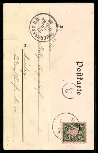 Lithographie Berneck, Totalansicht, Jägersteg, Colonnade mit Ruine, Ruine Stein