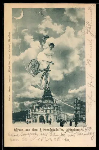 AK München, Löwenbräu-Keller, Fliegende Frau auf Fahrrad