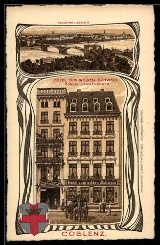Lithographie Coblenz, Panorama, Hotel zum wilden Schwein, Bes. Jean Creusen