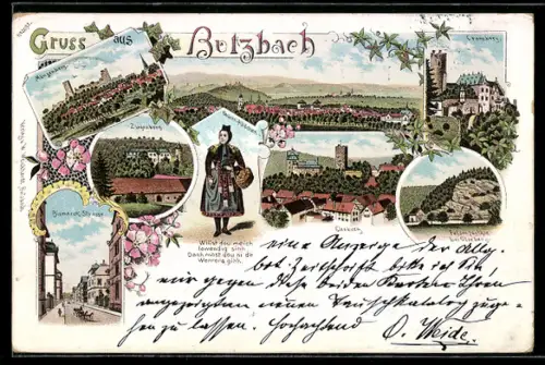 Lithographie Butzbach, Panorama, Cransberg, Münzenberg und Ziegenberg