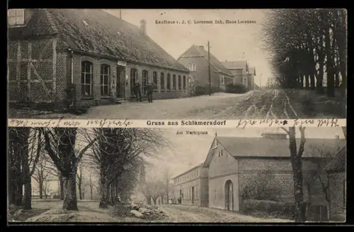AK Schlamersdorf, Kaufhaus von J.C. Lorenzen, Inh. Hans Lorenzen und Partie am Marktplatz