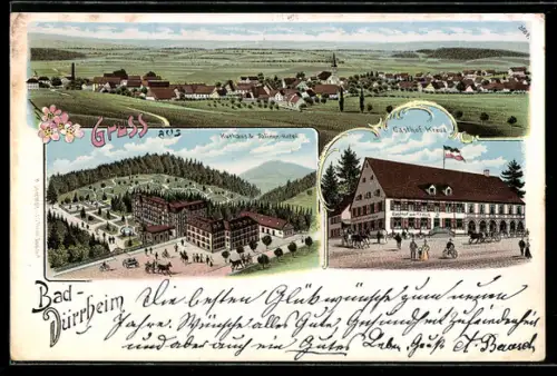 Lithographie Bad Dürrheim, Kurhaus & Salinen-Hotel, Gasthof Kreuz, Gesamtansicht