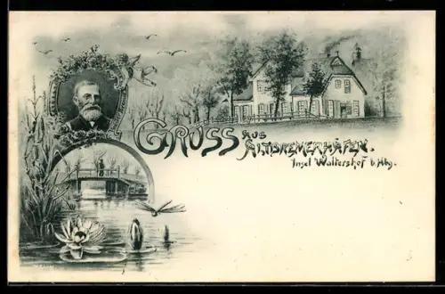 Lithographie Waltershof / Hamburg, Gasthaus und Vortrait von Vadder Bremer