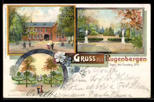Lithographie Rugenbergen, Parkpartien, Gebäudeansicht