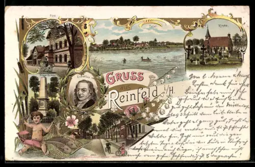 Lithographie Reinfeld i / H., Kirche, Post, Krieger-Denkmal