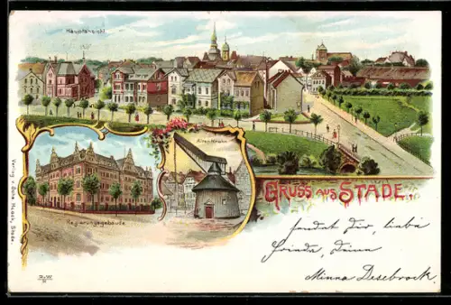 Lithographie Stade, Totalansicht, Alter Kran und Regierungsgebäude