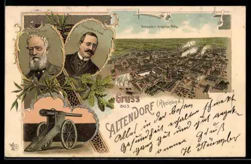 Lithographie Essen, Portrait Alfred Krupp & Friedrich Alfred Krupp, Kruppsche Werke, Kanone