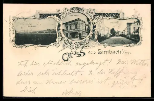 AK Simbach a. Inn, Filiale Stolz, Innbrücke und Innstrasse