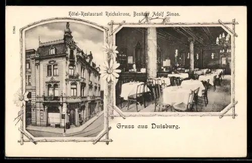 AK Duisburg, Hotel-Restaurant Reichskrone, Bes. Adolf Simon, Speisesaal