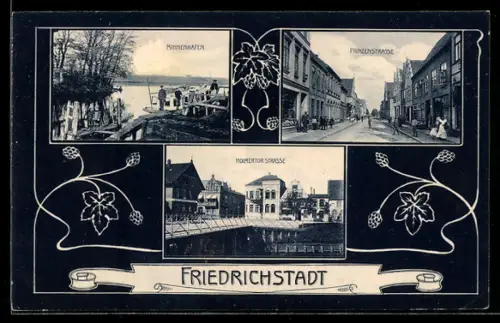 AK Friedrichstadt, Partie am Binnenhafen, in der Prinzenstrasse und der Holmertor Strasse