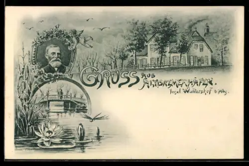 Lithographie Waltershof / Hamburg, Wohnhaus, Partie an einer Brücke und Portrait von Vadder Bremer