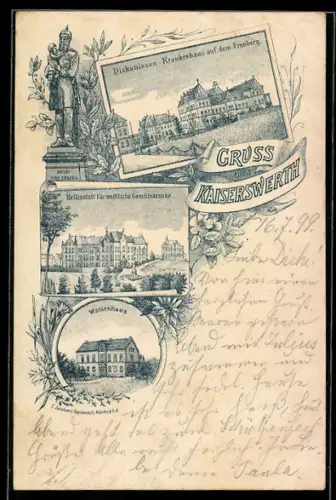 Lithographie Kaiserswerth, Waisenhaus, Diakonissen-Krankenhaus, Heilanstalt für weibliche Gemütskranke