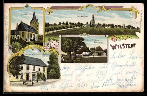 Lithographie Wilstedt / Tarmstedt, Hottendorf`s Geschäftshaus, Niedersächsischer Bauernhof, Kiche und Ortsansicht