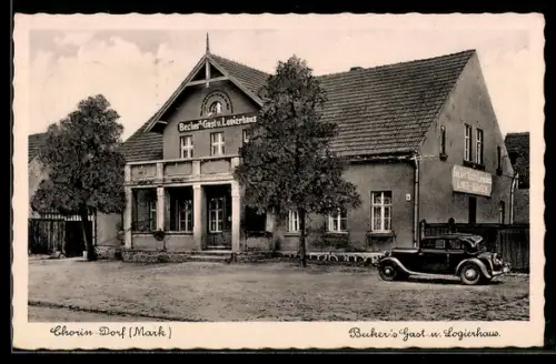 AK Chorin-Dorf /Mark, Becker`s Gasthaus, Aussenansicht mit Bäumen