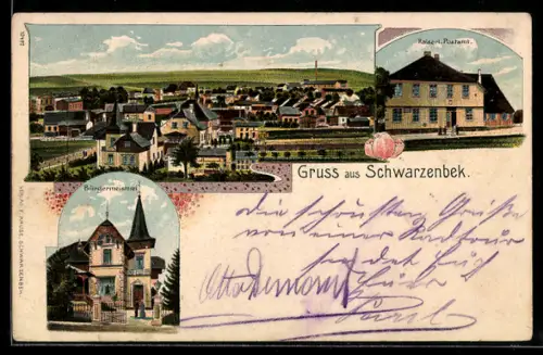 Lithographie Schwarzenbek, Totalansicht, Kaiserliches Postamt und Bürgermeisterei