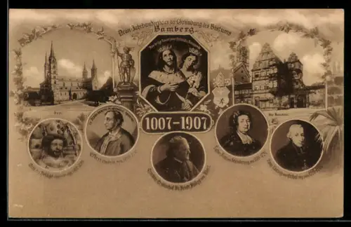 AK Bamberg, Neun-Jahrhundertfeier, Kaiserpaar Heinrich u. Kunigunde, Dom, Alte Residenz, Männerporträts