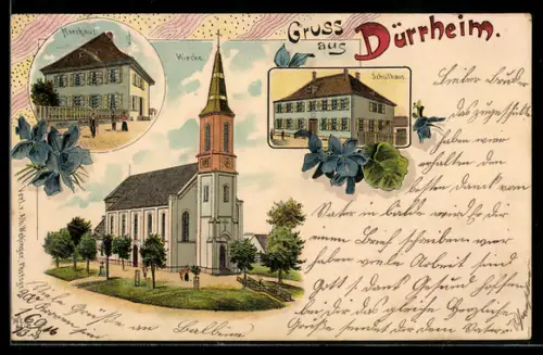Lithographie Dürrheim, Schulhaus, Kirche, Pfarrhaus