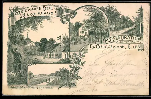 Künstler-AK Eller bei Düsseldorf, Restaurant Jägerhaus Th. Brüggemann, Garten, Gewächshaus