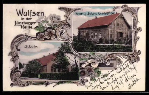 AK Wulfsen in der Lüneburger Heide, Geschäft von Heinrich Behr und Schule