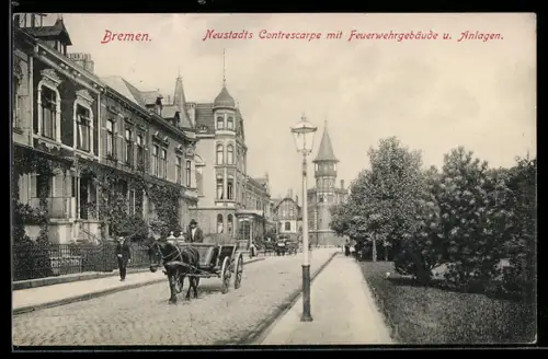 AK Bremen, Strassenpartie mit Neustadts Contrescarpe mit Feuerwehrgebäude und Anlagen