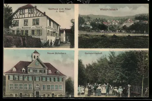 AK Waldhilsbach, Gasthaus zum Rössl v. J. Gaul, Gartenlokal, Neue Schule