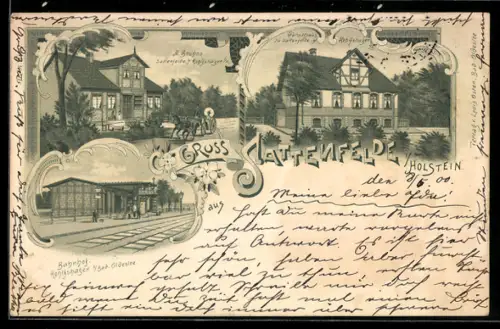 Lithographie Sattenfelde i. Holstein, Forsthaus, Gasthaus A. Bruhns, Bahnhof