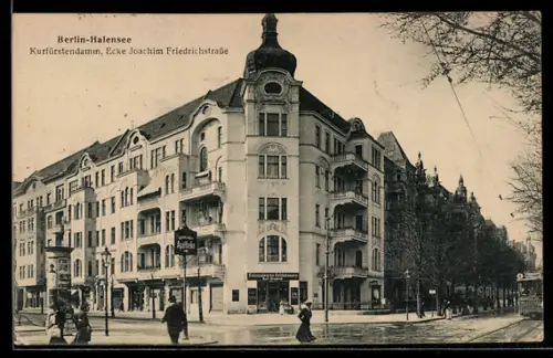 AK Berlin-Halensee, Partie am Kurfürstendamm, Ecke Joachim Friedrichstrasse mit Kolonialwarengeschäft Karl Gramsch
