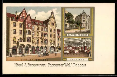 Lithographie Passau, Hôtel & Restaurant Passauer Wolf in der Bahnhof-Strasse, Innenansicht, Gartenansicht