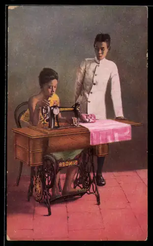 AK Reklame Singer Nähmaschinen, Frau aus Java an einer Nähmaschine