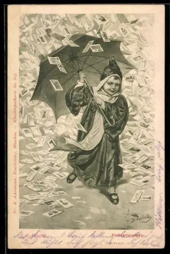 Künstler-AK F.Doubek: Postkartenregen über dem Münchner Kindl